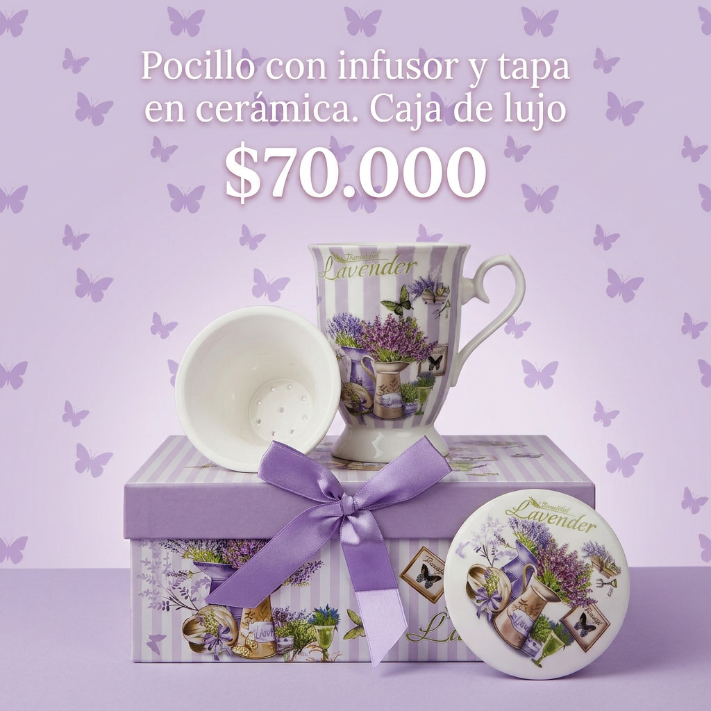 Set Pocillo de Cerámica con Infusor y Tapa. Caja de Lujo