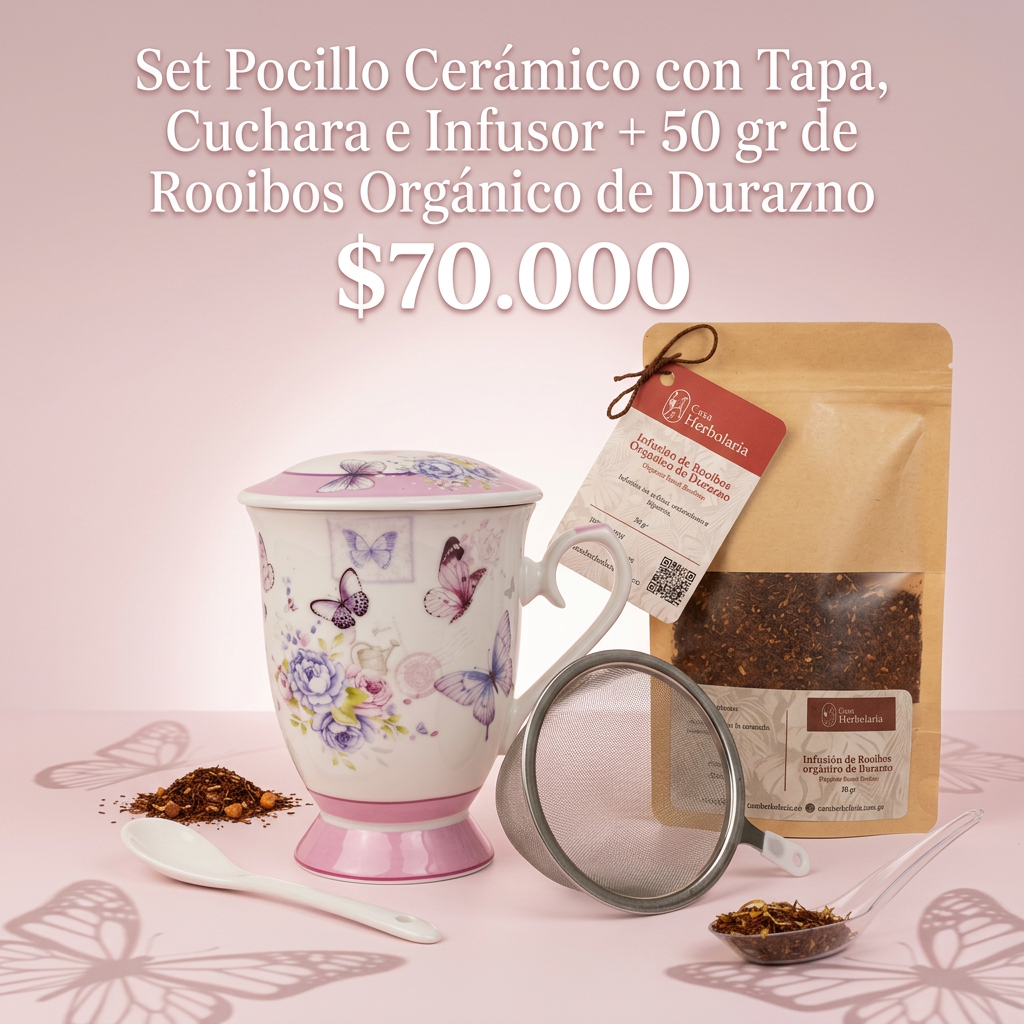 Set Pocillo de Cerámica con Infusor y Cuchara + 50 gr de Rooibos Orgánico de Durazno