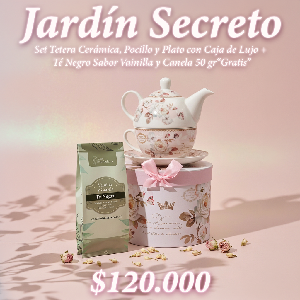Set Tetera Cerámica, Pocillo y Plato con Caja de Lujo + Té Negro Sabor Vainilla y Canela 50 gr