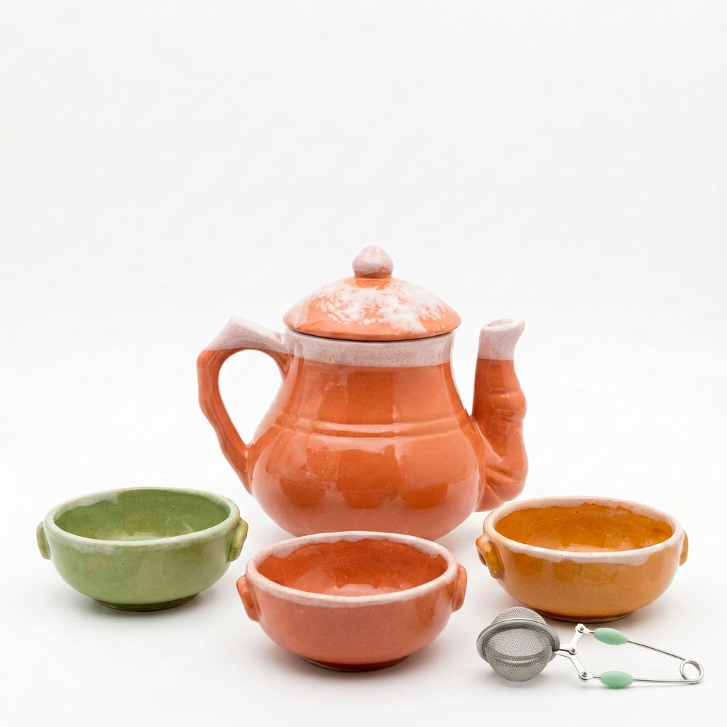 Kit Cerámico, Tetera Mediana + Cuencos x3 + Infusor Metálico