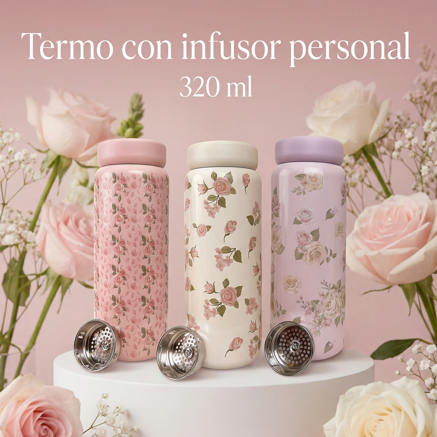 Infusor Personal, Estampado Floral con 50 gr de Té Sencha Kyoto con Cereza y Rosa