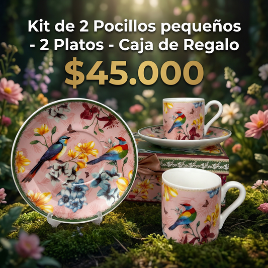 Kit de vajilla de 2 pocillos pequeños con plato + Caja de Lujo