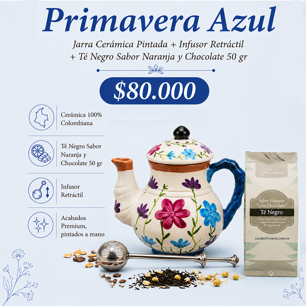 Jarra Cerámica Pintada + Infusor Retráctil + Té Negro Sabor Naranja y Chocolate 50 gr