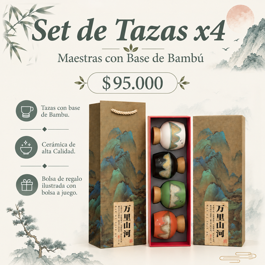 Set de Tazas X4 con Base de Bambú