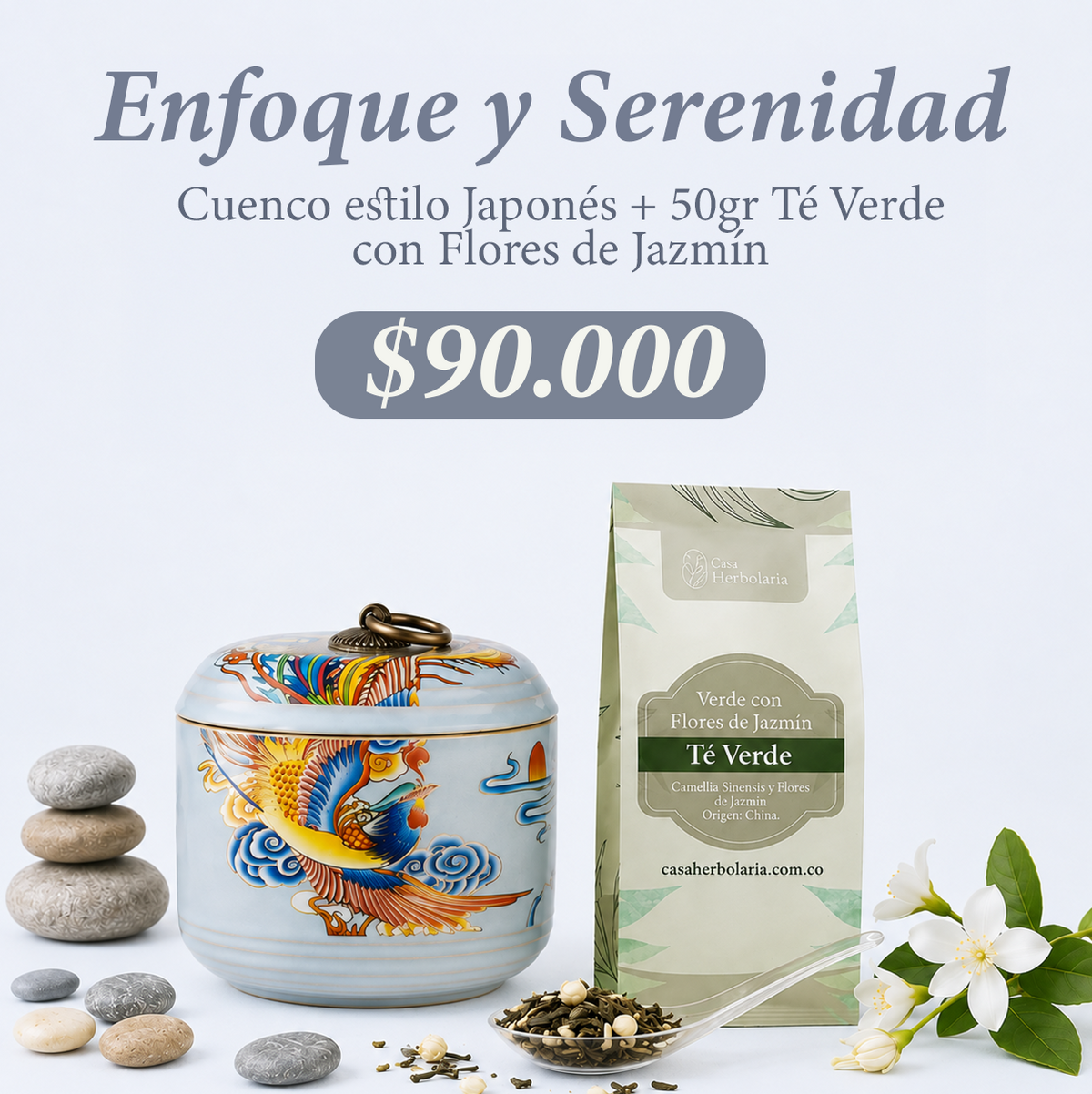 Cuenco de Cerámica Esmaltada + 50gr Té Verde con Flores de Jazmín