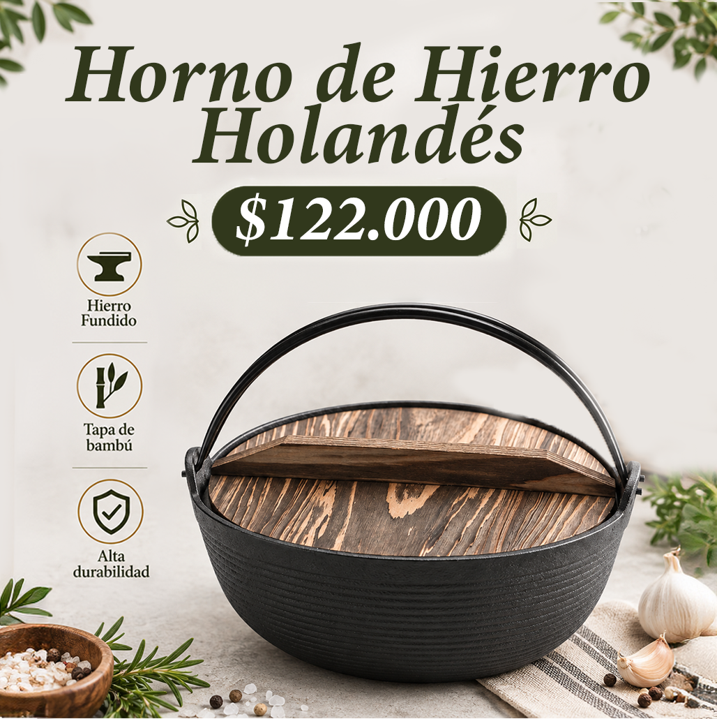 Horno de Hierro Fundido Holandés, olla con tapa de bambú | Casa Herbolaria