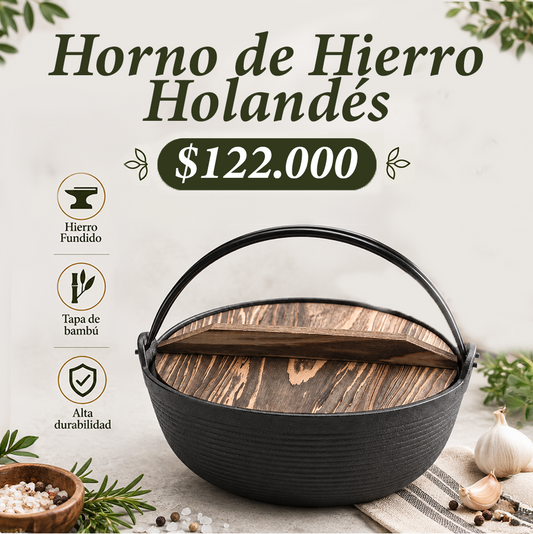 Horno de Hierro Fundido Holandés, olla con tapa de bambú | Casa Herbolaria