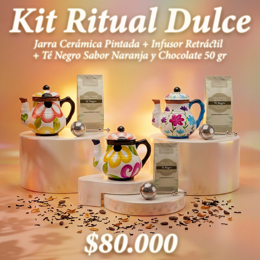 Jarra Cerámica Pintada + Infusor Retráctil + Té Negro Sabor Naranja y Chocolate 50 gr