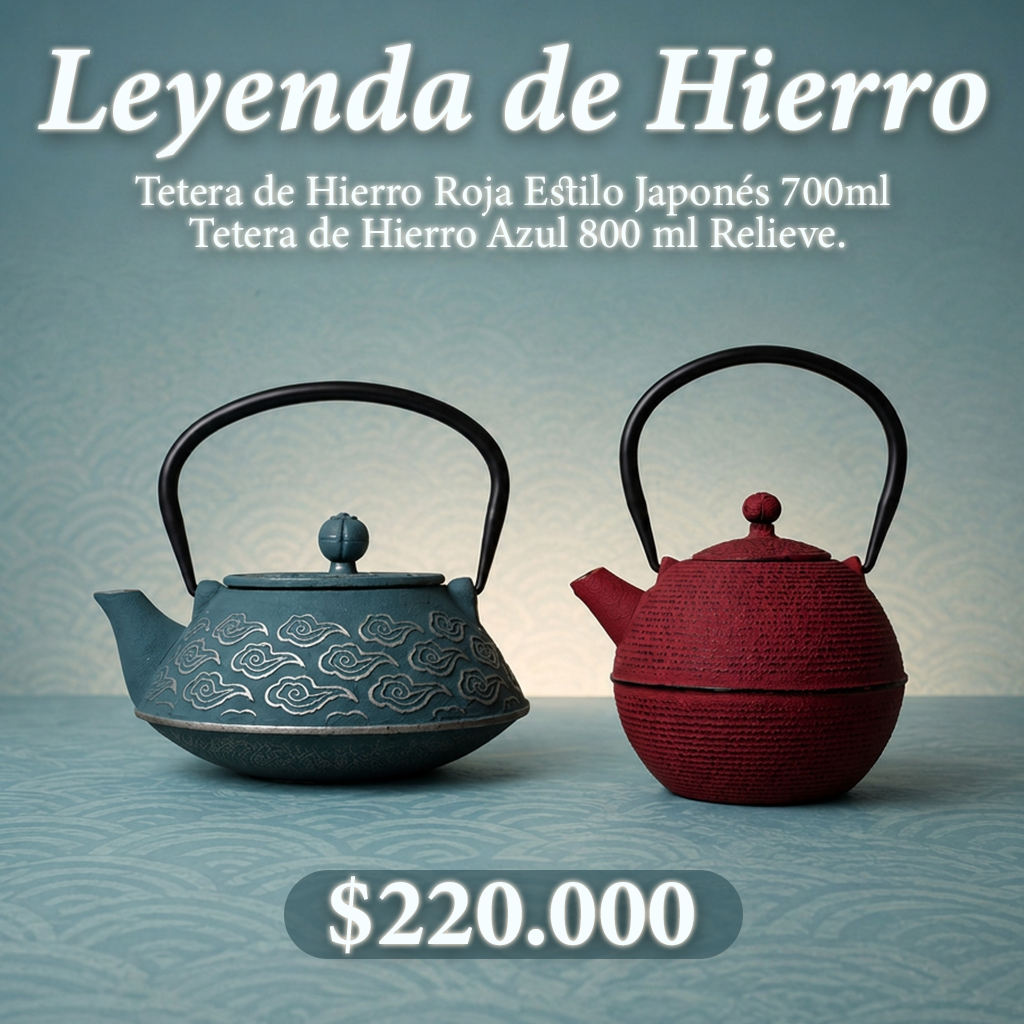 Leyenda de Hierro: Tetera de Hierro Roja Estilo Japonés 700ml  - Tetera de Hierro Azul 800 ml Relieve