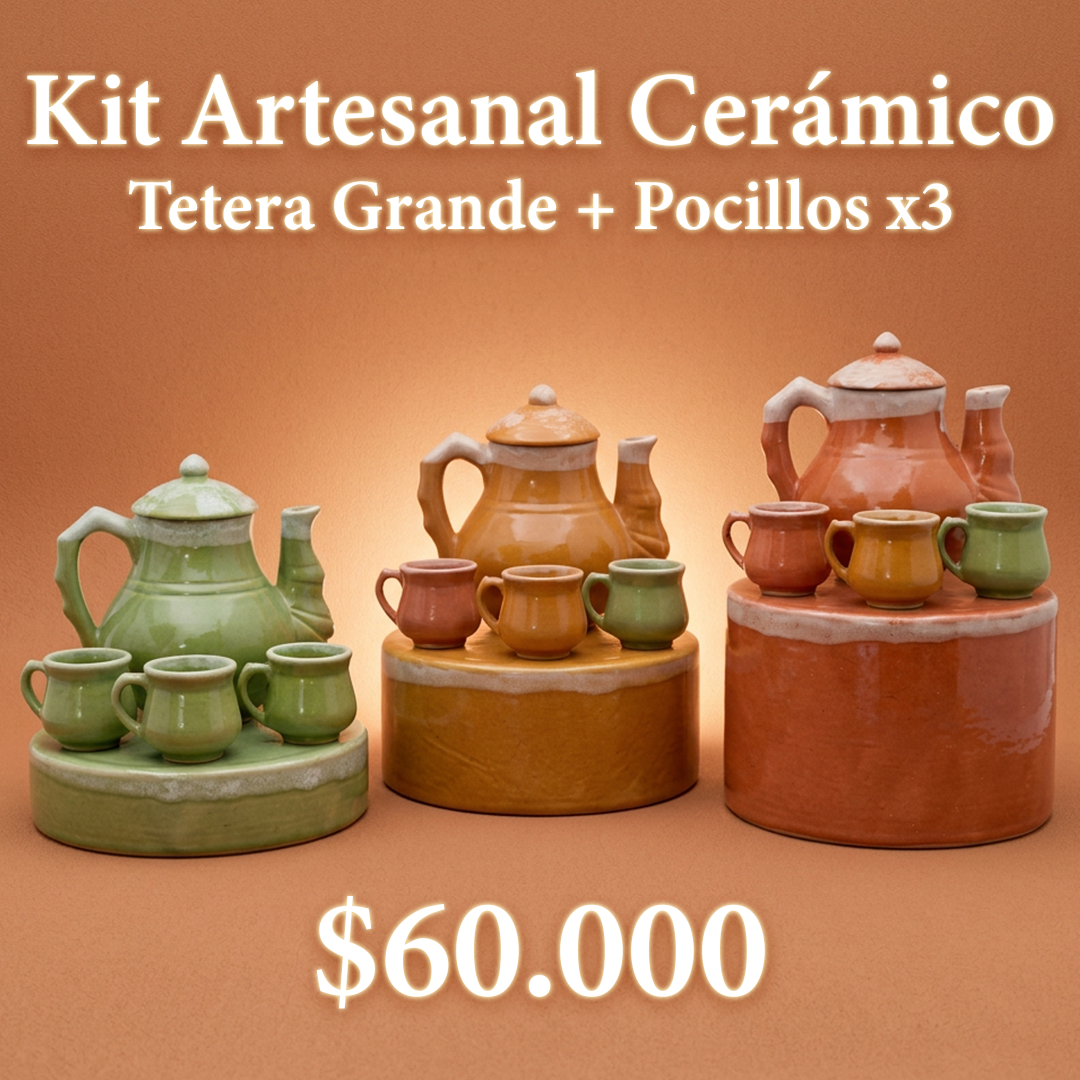 Kit Cerámico, Tetera Grande + Pocillos x3