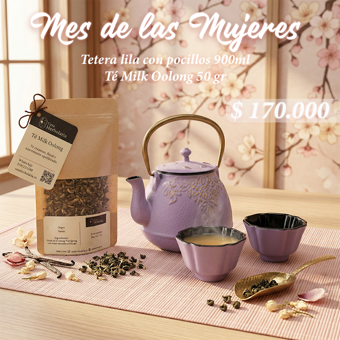 Tetera de Hierro Lila de 900 ml con 2 Pocillos de Hierro + Té Milk Oolong 50 gr