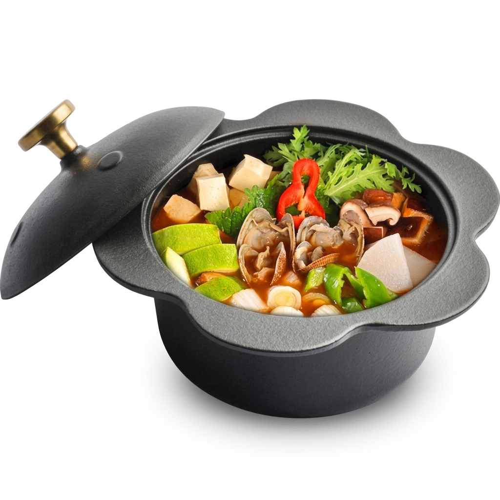 Olla de Hierro Fundido para el Hogar servida con sopa de mariscos y vegetales | Casa Herbolaria