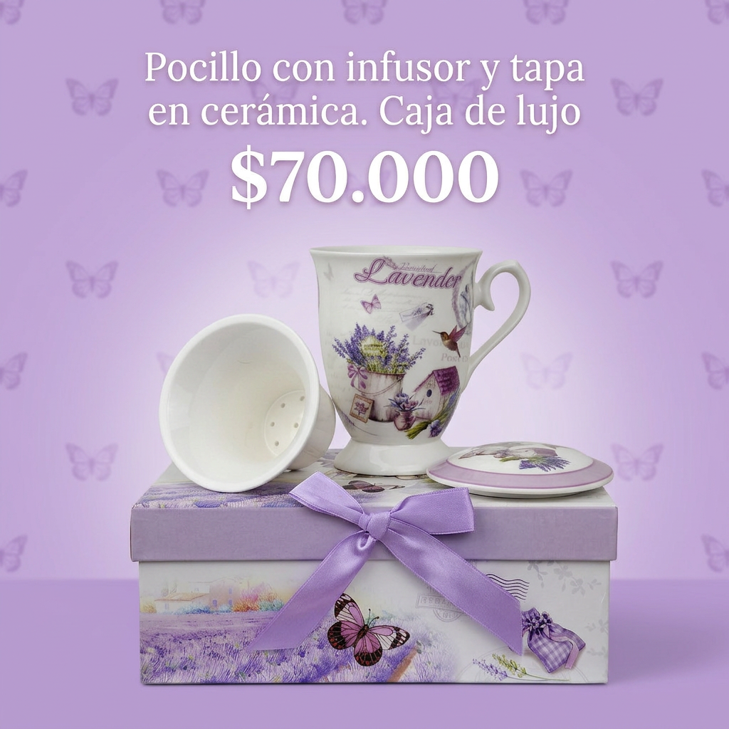 Set Pocillo de Cerámica con Infusor y Tapa. Caja de Lujo