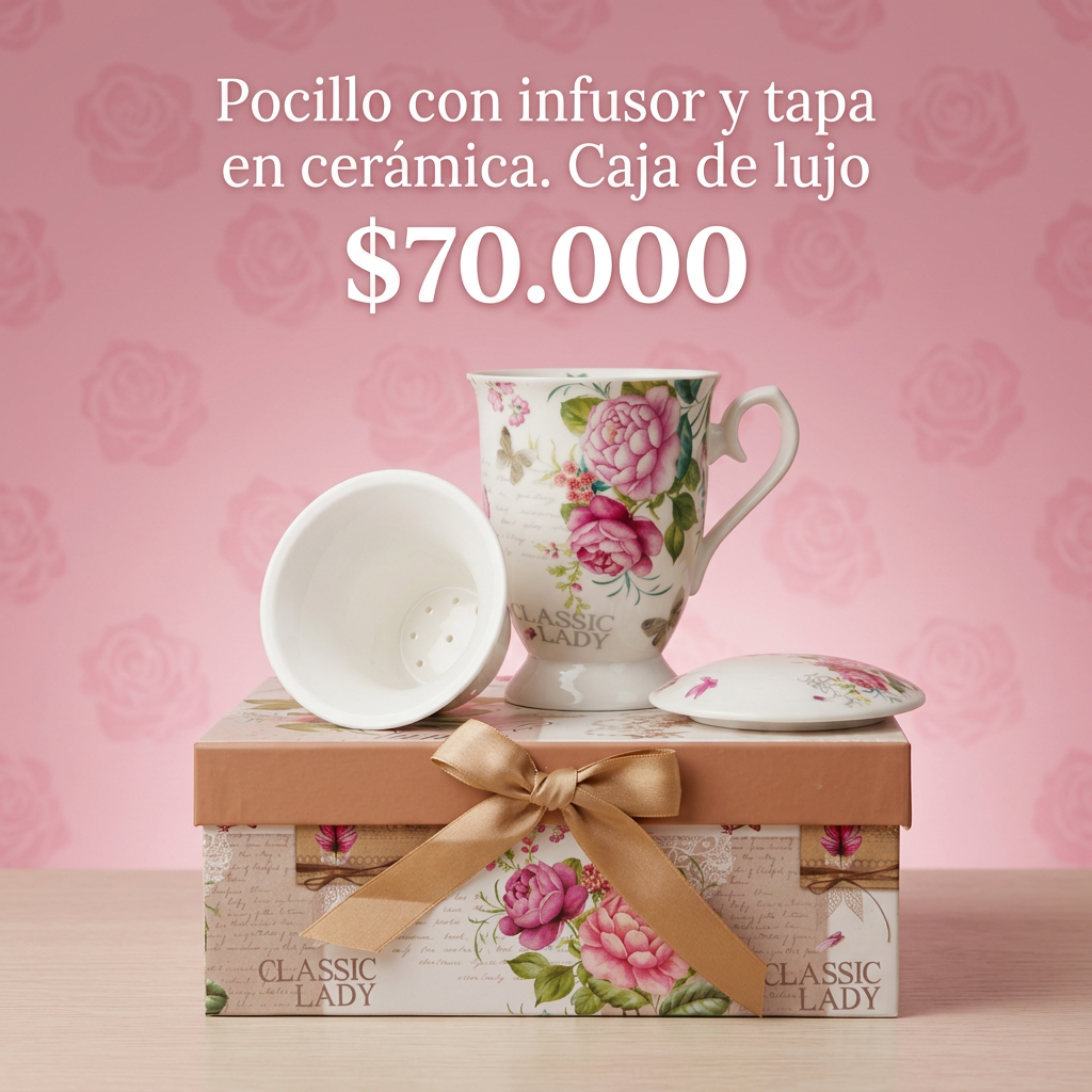 Set Pocillo de Cerámica con Infusor y Tapa. Caja de Lujo