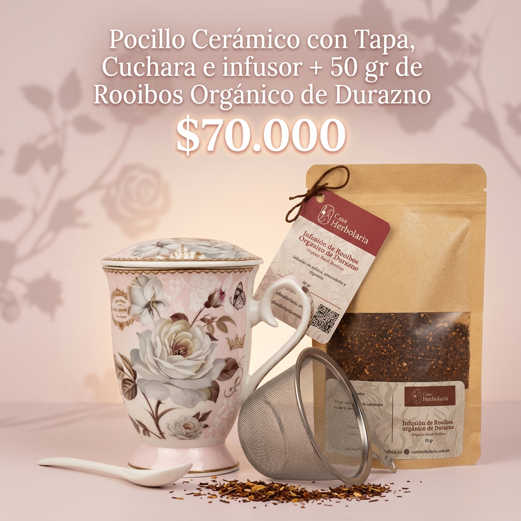 Set Pocillo de Cerámica con Infusor y Cuchara + 50 gr de Rooibos Orgánico de Durazno