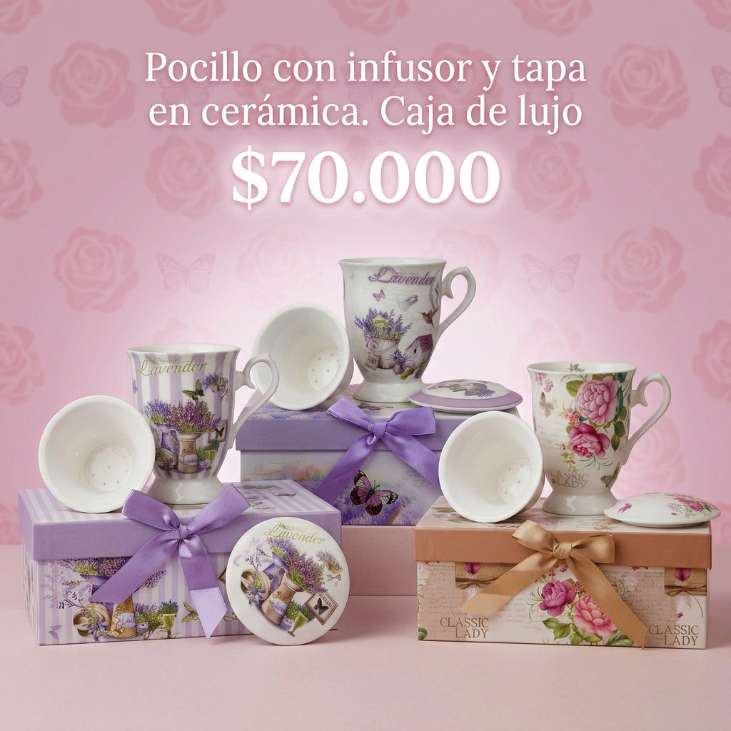 Set Pocillo de Cerámica con Infusor y Tapa. Caja de Lujo