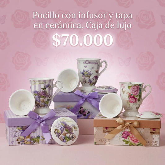 Set Pocillo de Cerámica con Infusor y Tapa. Caja de Lujo