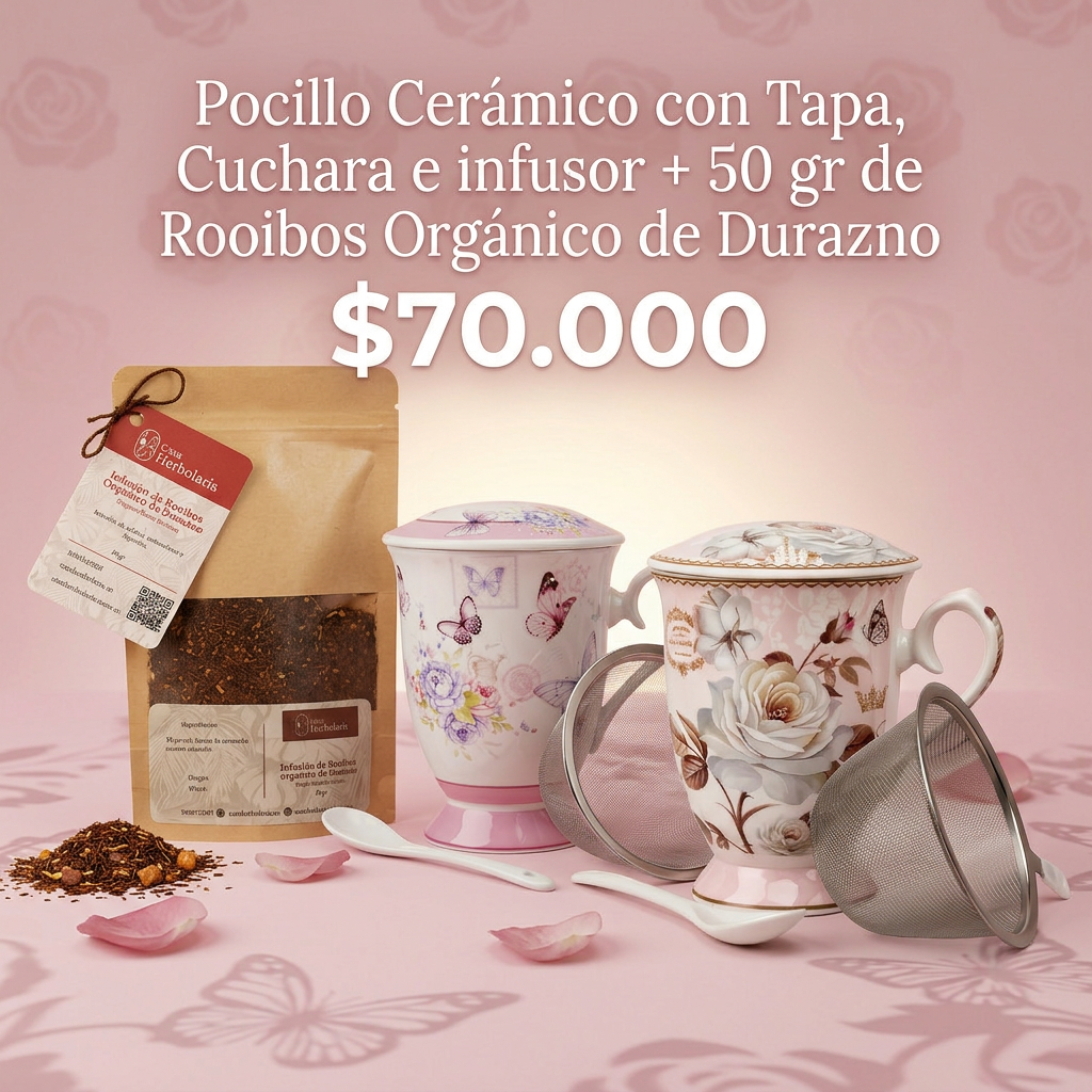Set Pocillo de Cerámica con Infusor y Cuchara + 50 gr de Rooibos Orgánico de Durazno