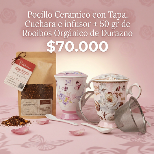 Set Pocillo de Cerámica con Infusor y Cuchara + 50 gr de Rooibos Orgánico de Durazno