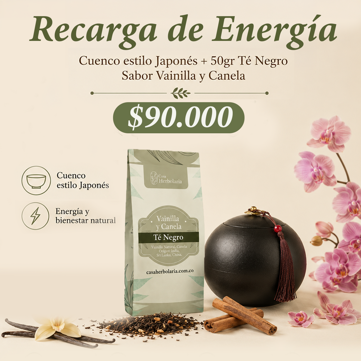 Cuenco negro de Cerámica + 50gr de Té Negro Sabor Vainilla y Canela