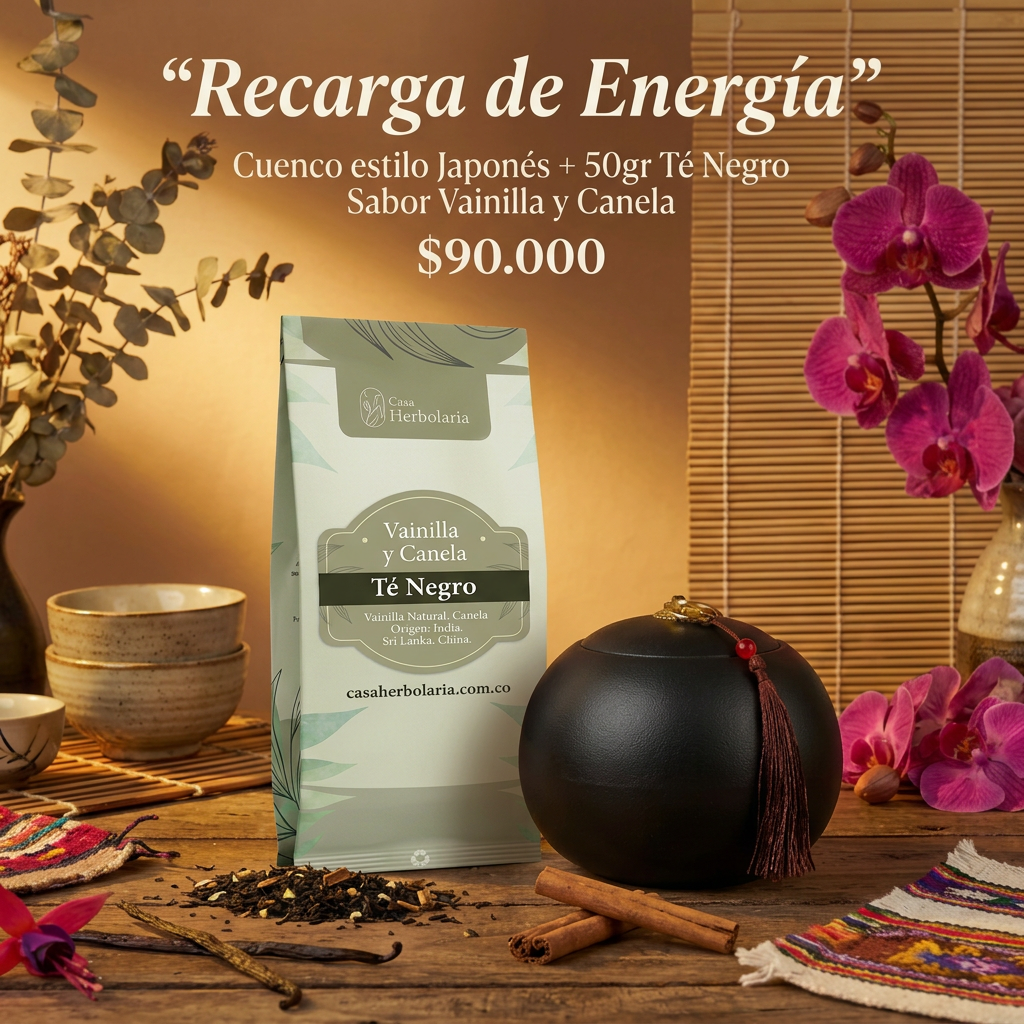 Cuenco negro de Cerámica + 50gr de Té Negro Sabor Vainilla y Canela