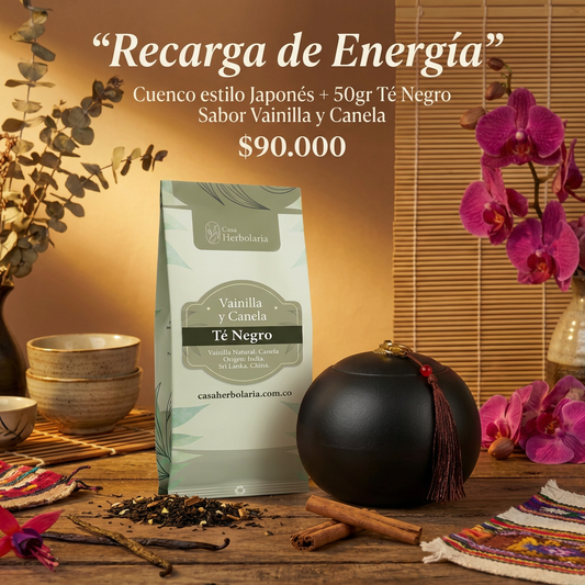 Cuenco negro de Cerámica + 50gr de Té Negro Sabor Vainilla y Canela