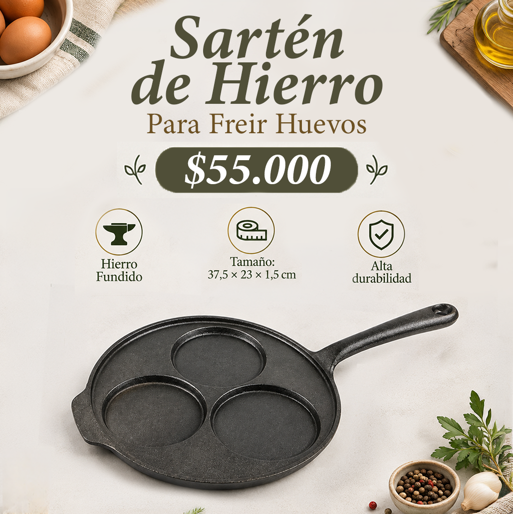 Sartén de Hierro Fundido con 3 Cavidades para Huevos | Casa Herbolaria