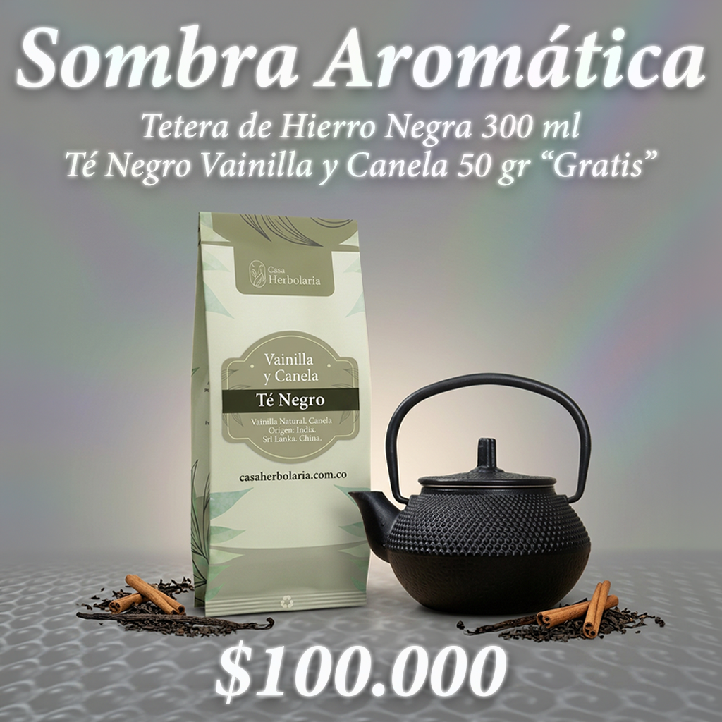 Tetera de Hierro Negra 300 ml + Té Negro Sabor Vainilla y Canela gr