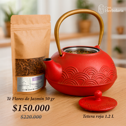Tetera de Hierro Roja (1.2 L) + Té de Flores de Jazmín (50 gr)