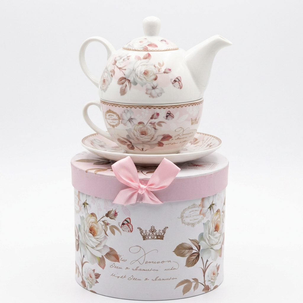 Set Tetera Cerámica, Pocillo y Plato con Caja de Lujo + Té Negro Sabor Vainilla y Canela 50 gr