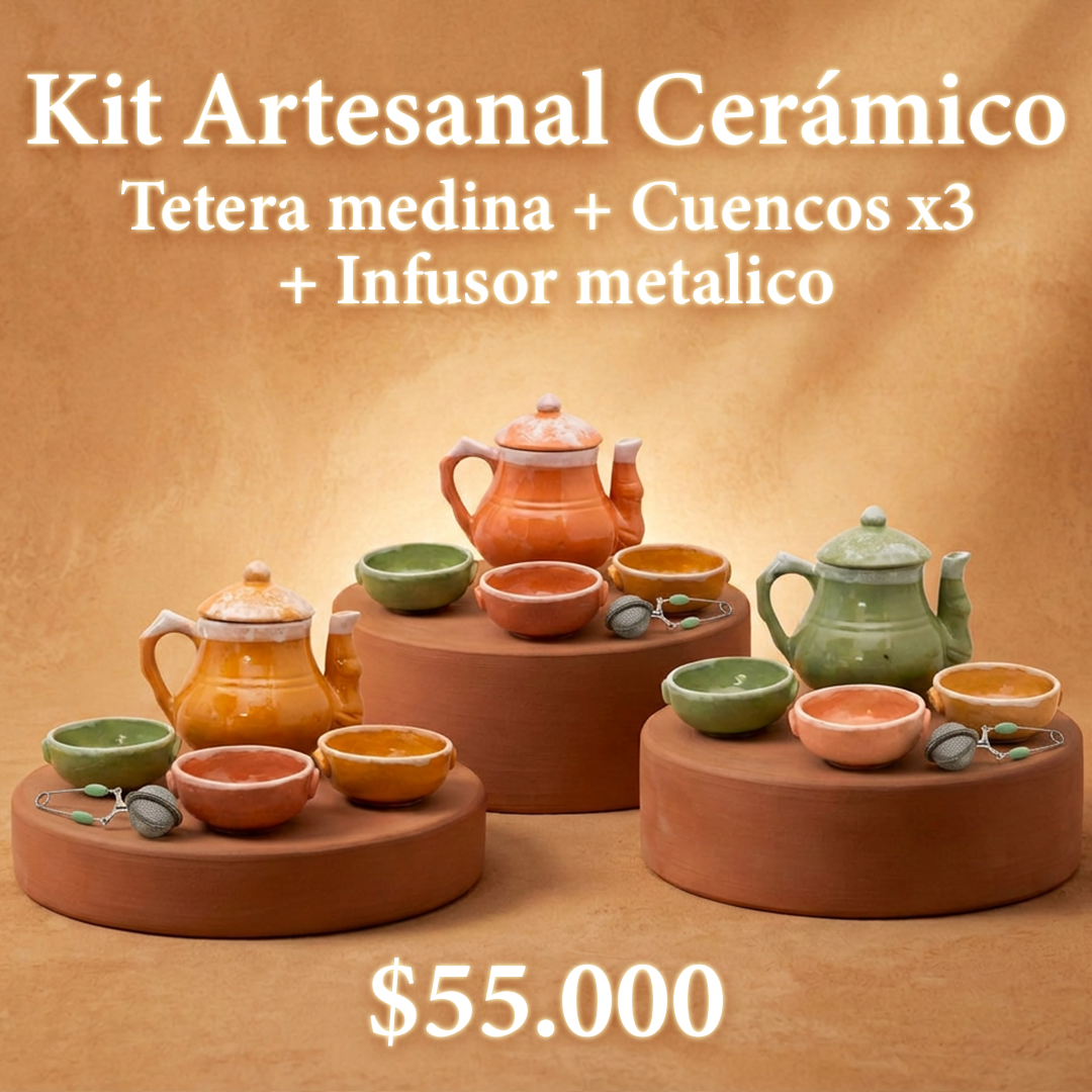 Kit Cerámico, Tetera Mediana + Cuencos x3 + Infusor Metálico