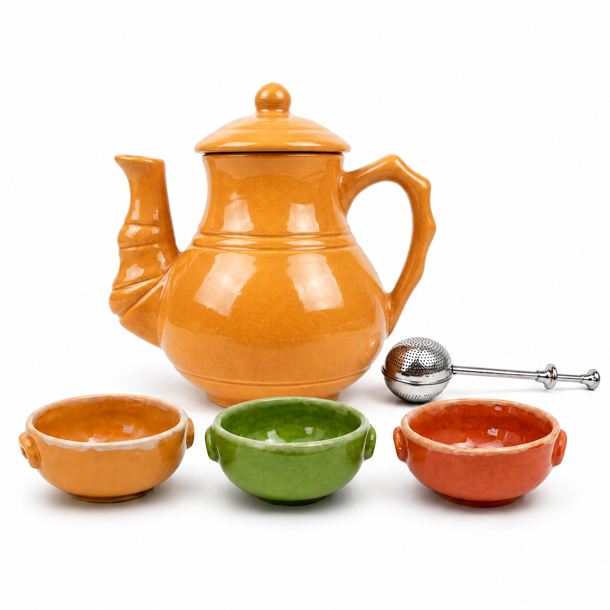 Kit Cerámico, Tetera Grande + Cuencos x3 + Infusor Retráctil
