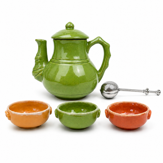 Kit Cerámico, Tetera Grande + Pocillos x3 + Infusor Retráctil