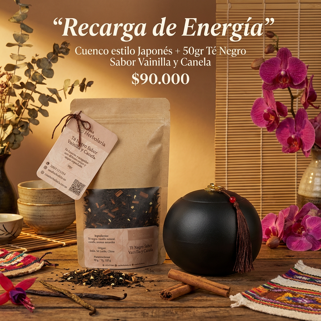 Cuenco negro de Cerámica + 50gr de Té Negro Sabor Vainilla y Canela