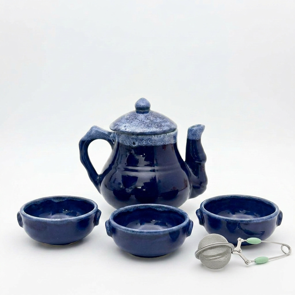 Kit Tetera Azul Ancestral Cerámica x3 Cuencos o Pocillos