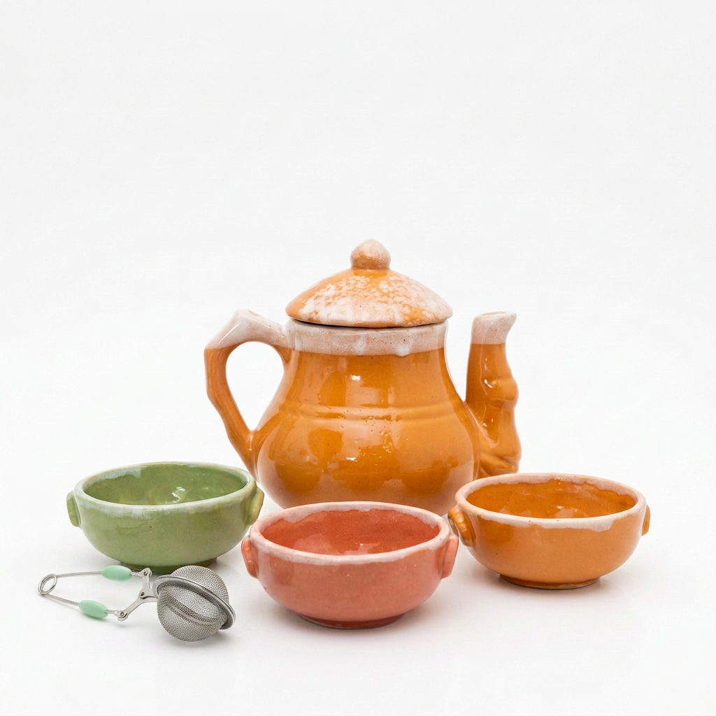 Kit Cerámico, Tetera Mediana + Cuencos x3 + Infusor Metálico