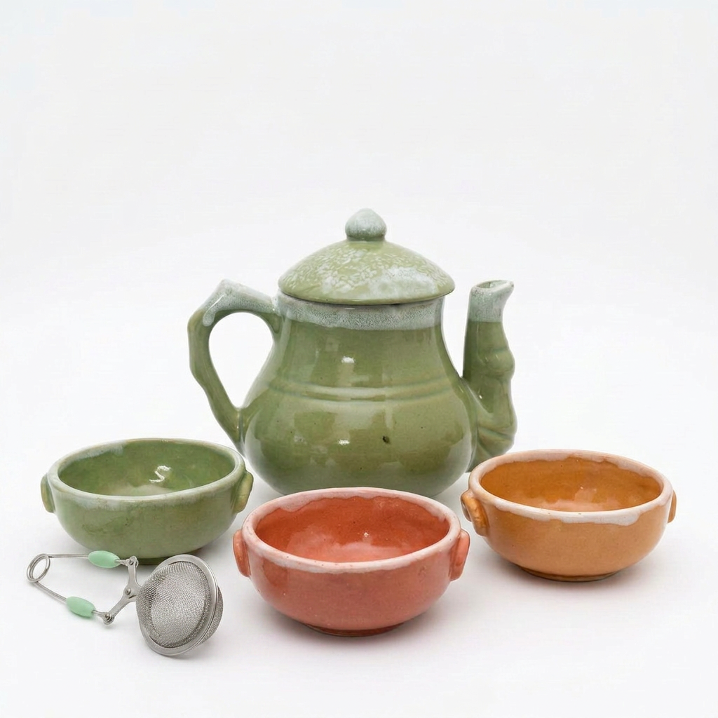 Kit Cerámico, Tetera Mediana + Cuencos x3 + Infusor Metálico