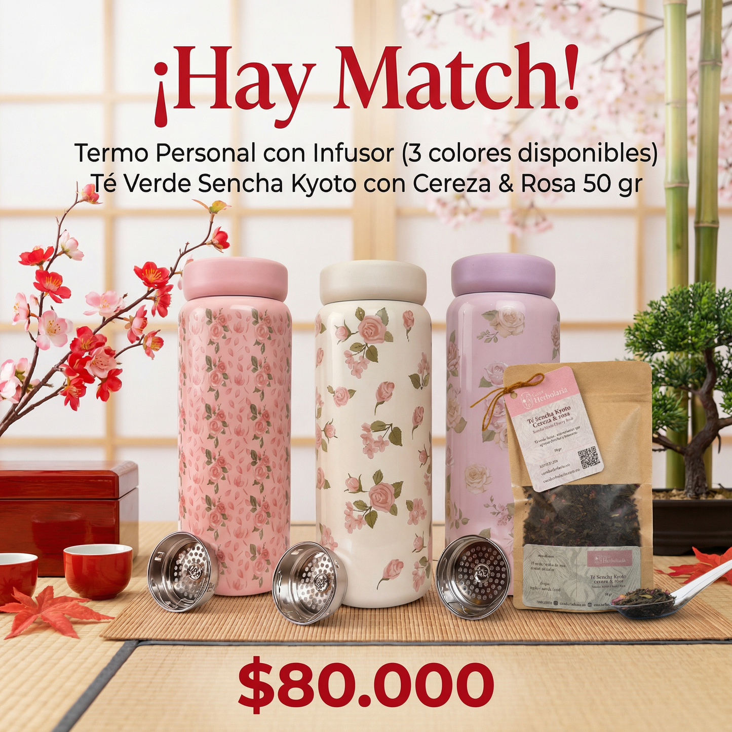 Infusor Personal, Estampado Floral con 50 gr de Té Sencha Kyoto con Cereza y Rosa