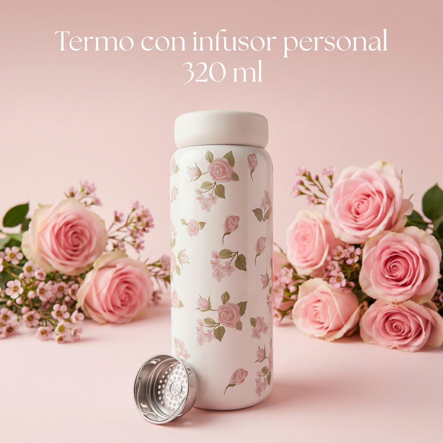 Infusor Personal, Estampado Floral con 50 gr de Té Sencha Kyoto con Cereza y Rosa