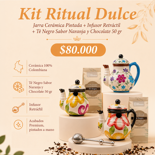 Jarra Cerámica Pintada + Infusor Retráctil + Té Negro Sabor Naranja y Chocolate 50 gr