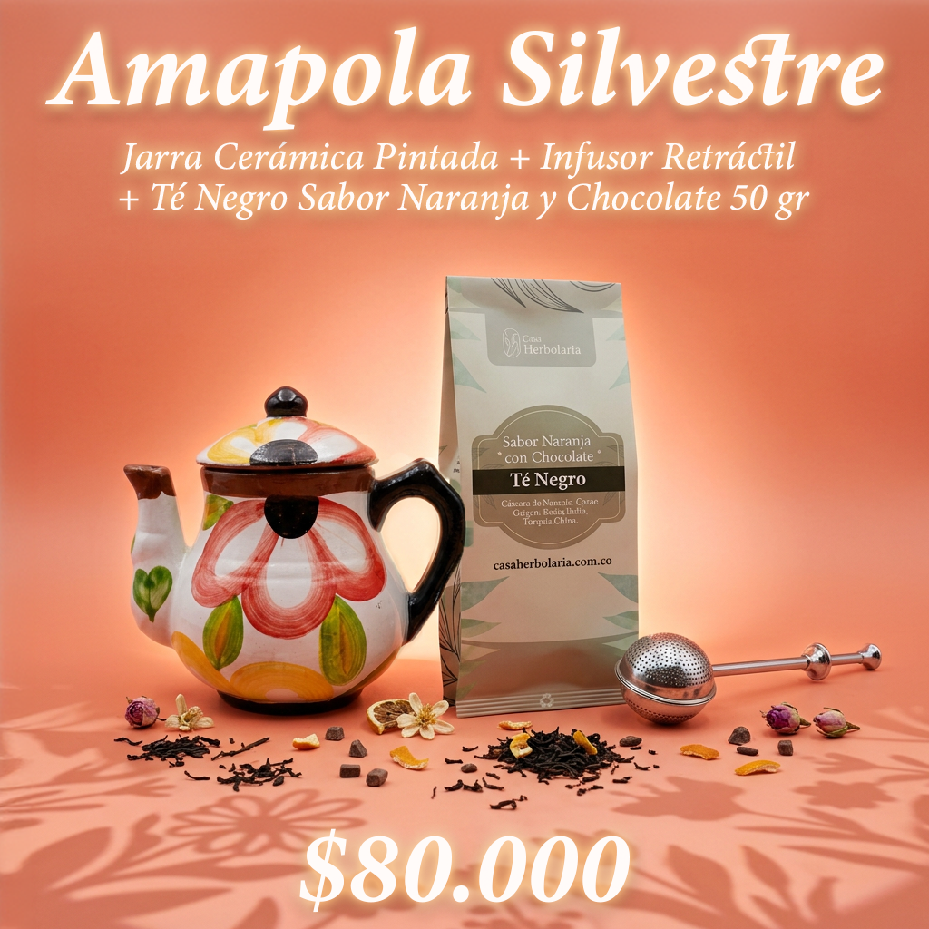 Jarra Cerámica Pintada + Infusor Retráctil + Té Negro Sabor Naranja y Chocolate 50 gr