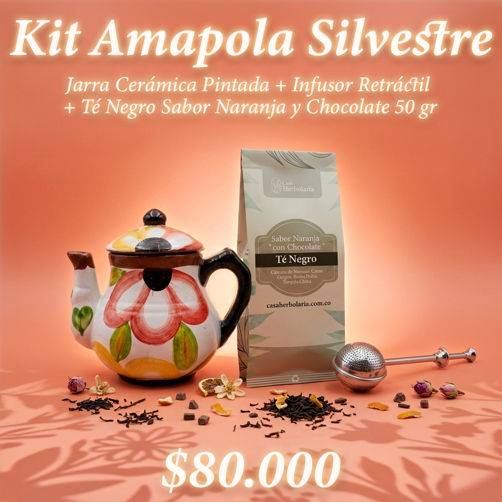 Jarra Cerámica Pintada + Infusor Retráctil + Té Negro Sabor Naranja y Chocolate 50 gr