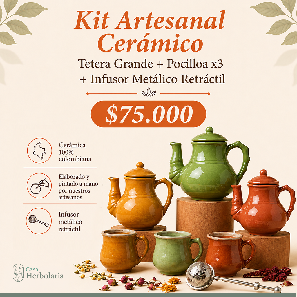 Kit Cerámico, Tetera Grande + Pocillos x3 + Infusor Retráctil