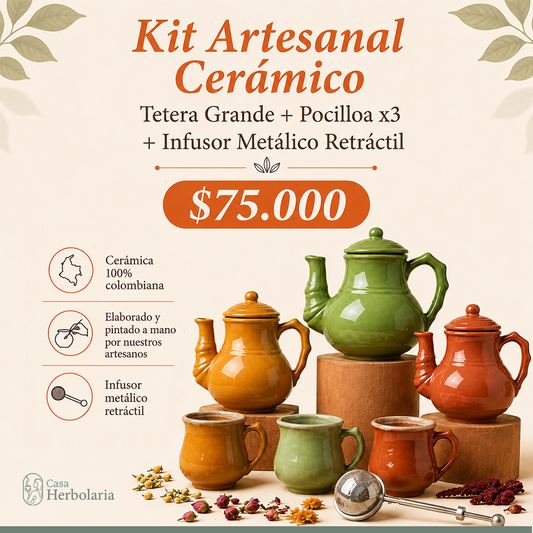 Kit Cerámico, Tetera Grande + Pocillos x3 + Infusor Retráctil