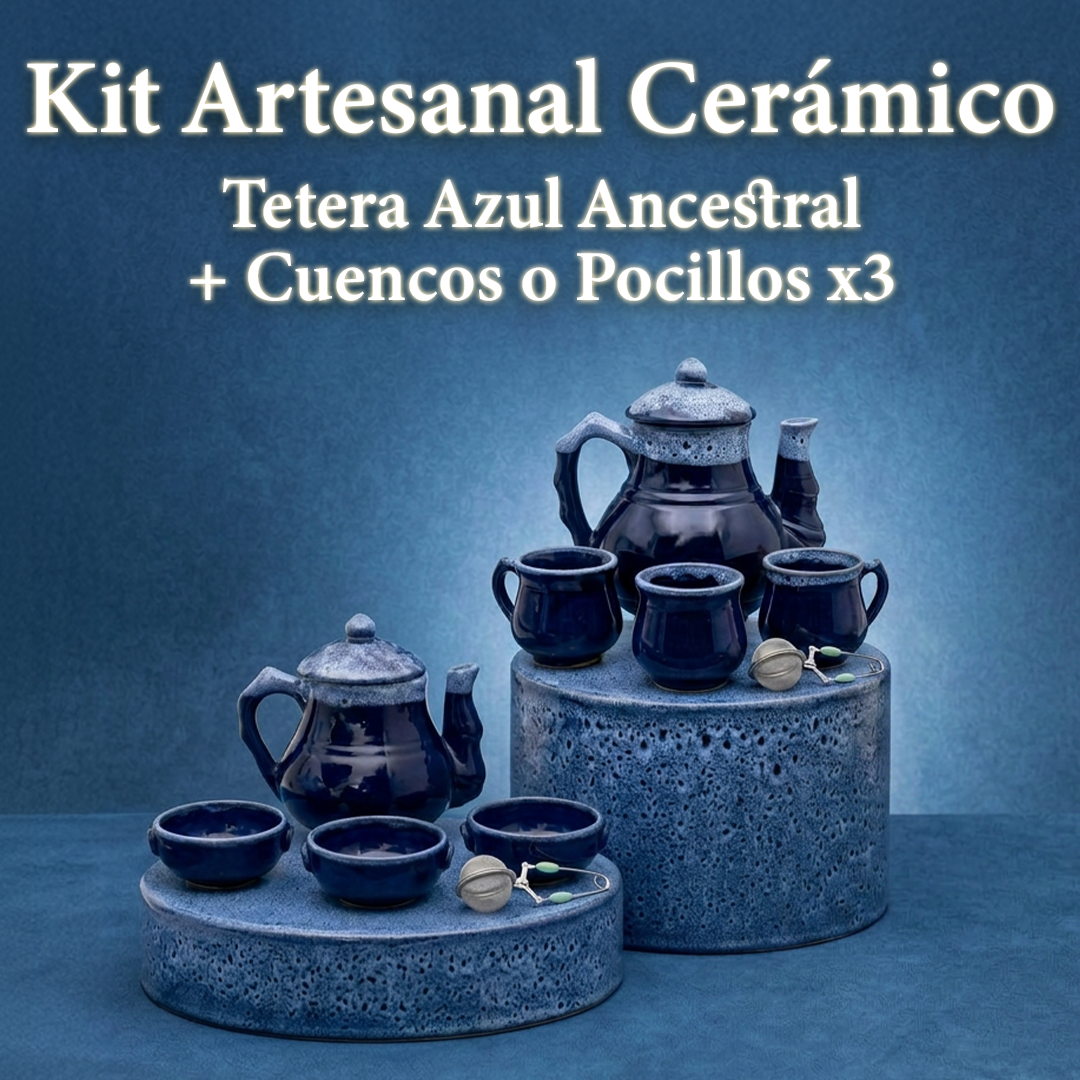 Kit Tetera Azul Ancestral Cerámica x3 Cuencos o Pocillos