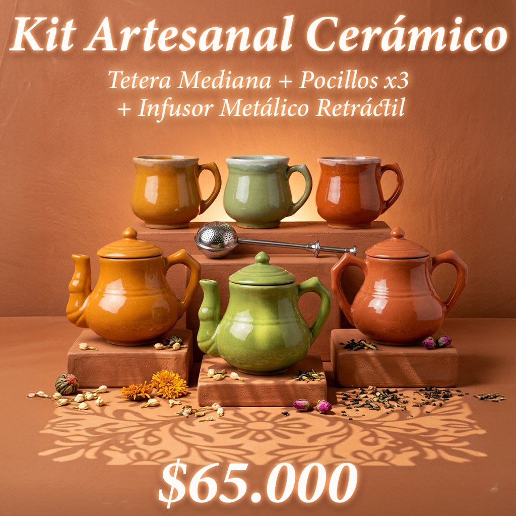 Kit Cerámico, Tetera Mediana + Pocillos x3 + Infusor Metálico