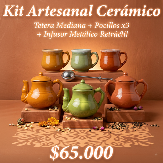 Kit Cerámico, Tetera Mediana + Pocillos x3 + Infusor Metálico