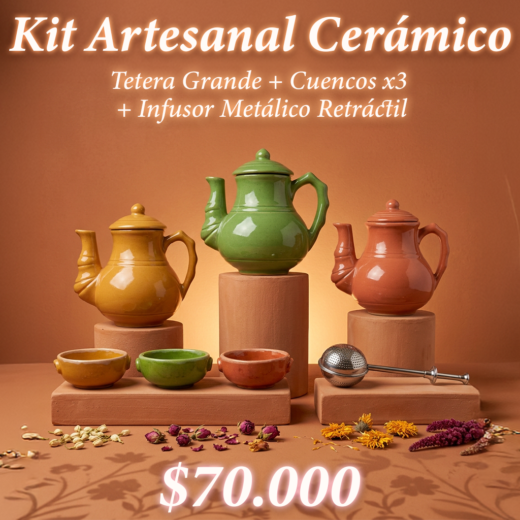 Kit Cerámico, Tetera Grande + Cuencos x3 + Infusor Retráctil