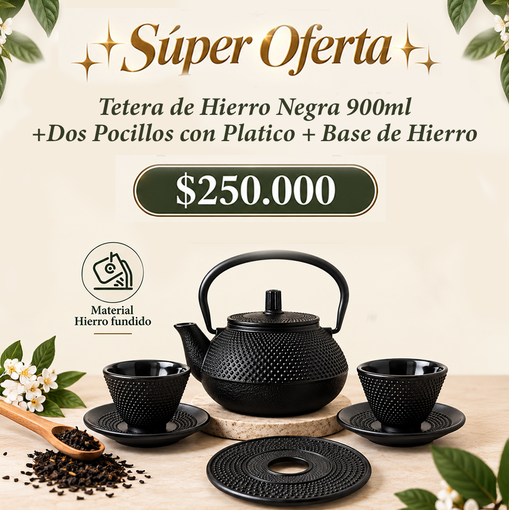 Tetera Negra de Hierro 900ml - Pocillo con Platico y Base de Hierro