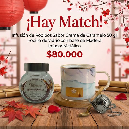 Kit de Pocillo con Base de Madera, Infusor Metálico y 50 gr de Infusión de Rooibos Crema de Caramelo